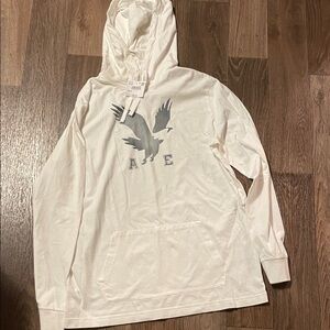 American Eagle Outfitters White Hoodie with Gray Logo medium tall